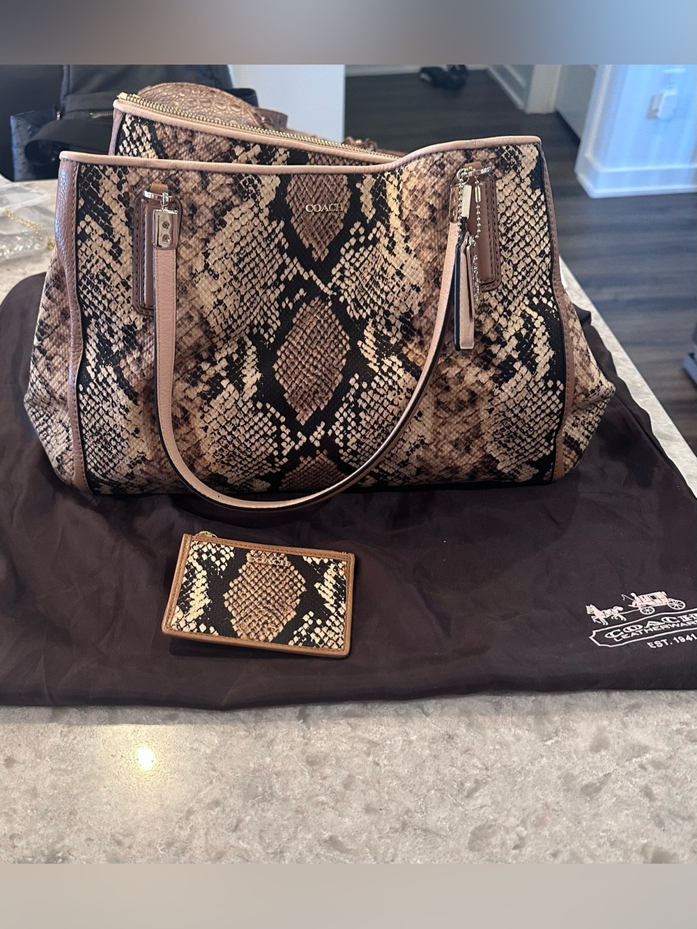 Coach 20482 Python Snake Print Tote Bag w/ Dust Bag & Card Holder -  NWT